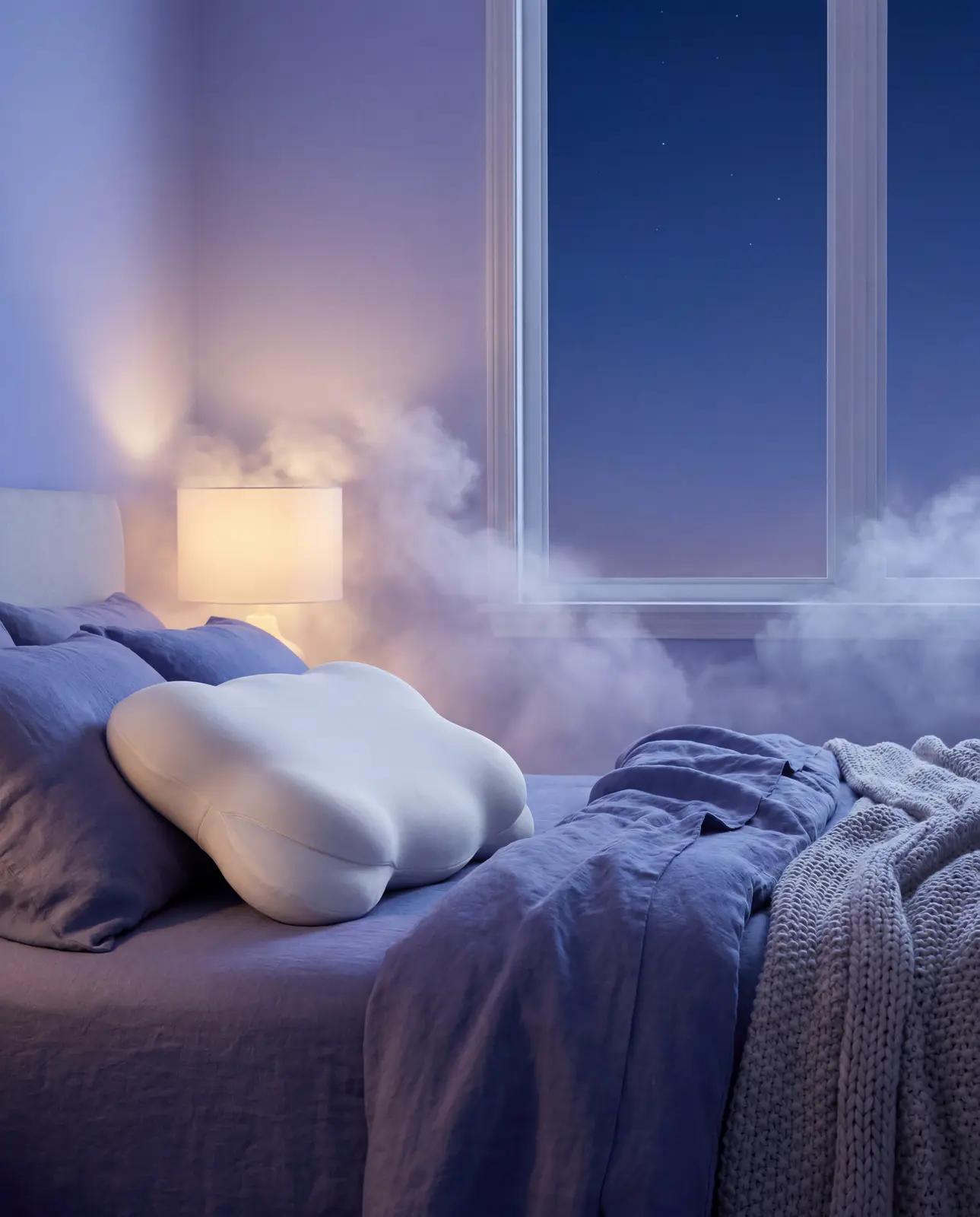 Cloud Pillow on periwinkle bedding at dusk with a warm bedside glow