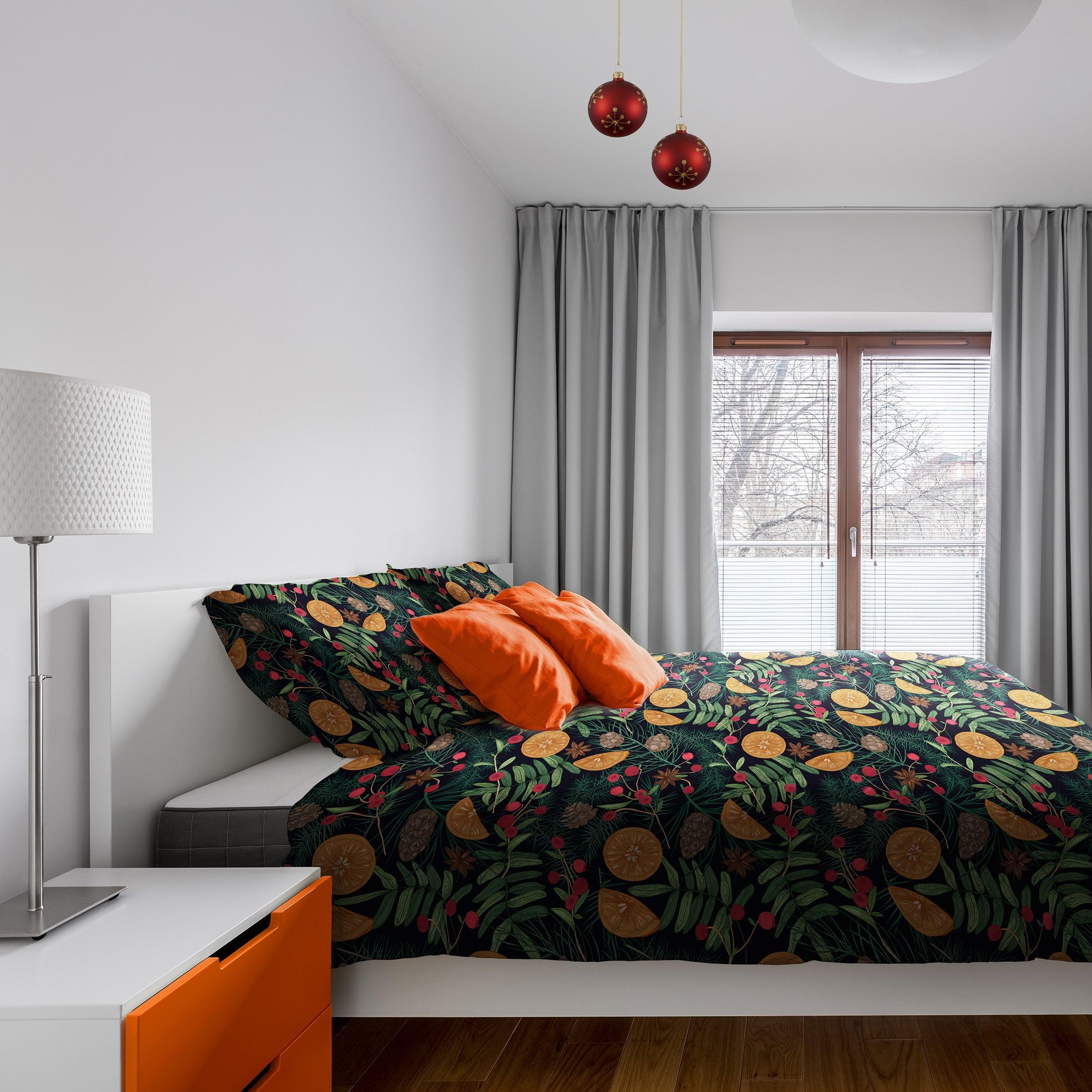 Temperature-Regulating Pine Spruce Orange Berries Duvet Cover — Breathable Lyocell Blend, Queen 90x90in | OEKO-TEX, Machine Washable — view 5
