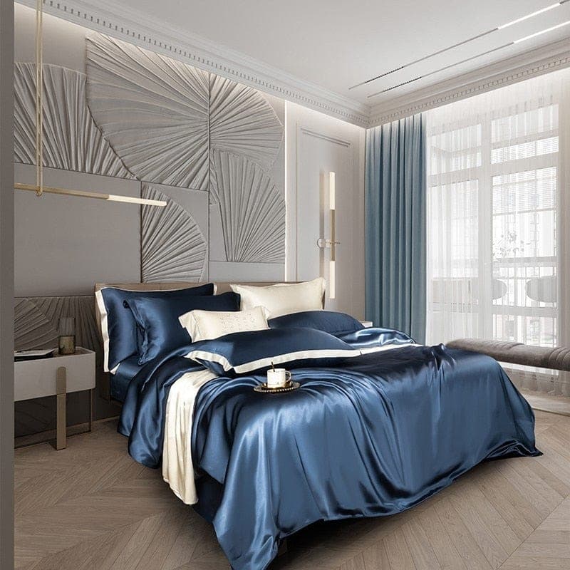 Premium Navy Blue Mulberry Silk Bedding Set — view 3