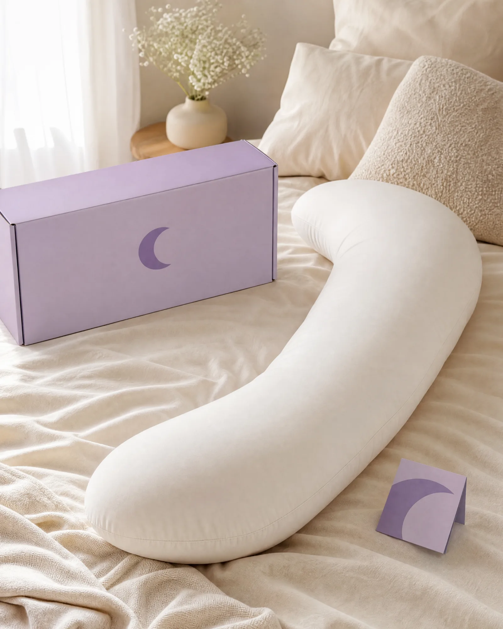 lumuwala hug pillow with lavender packaging on bedding