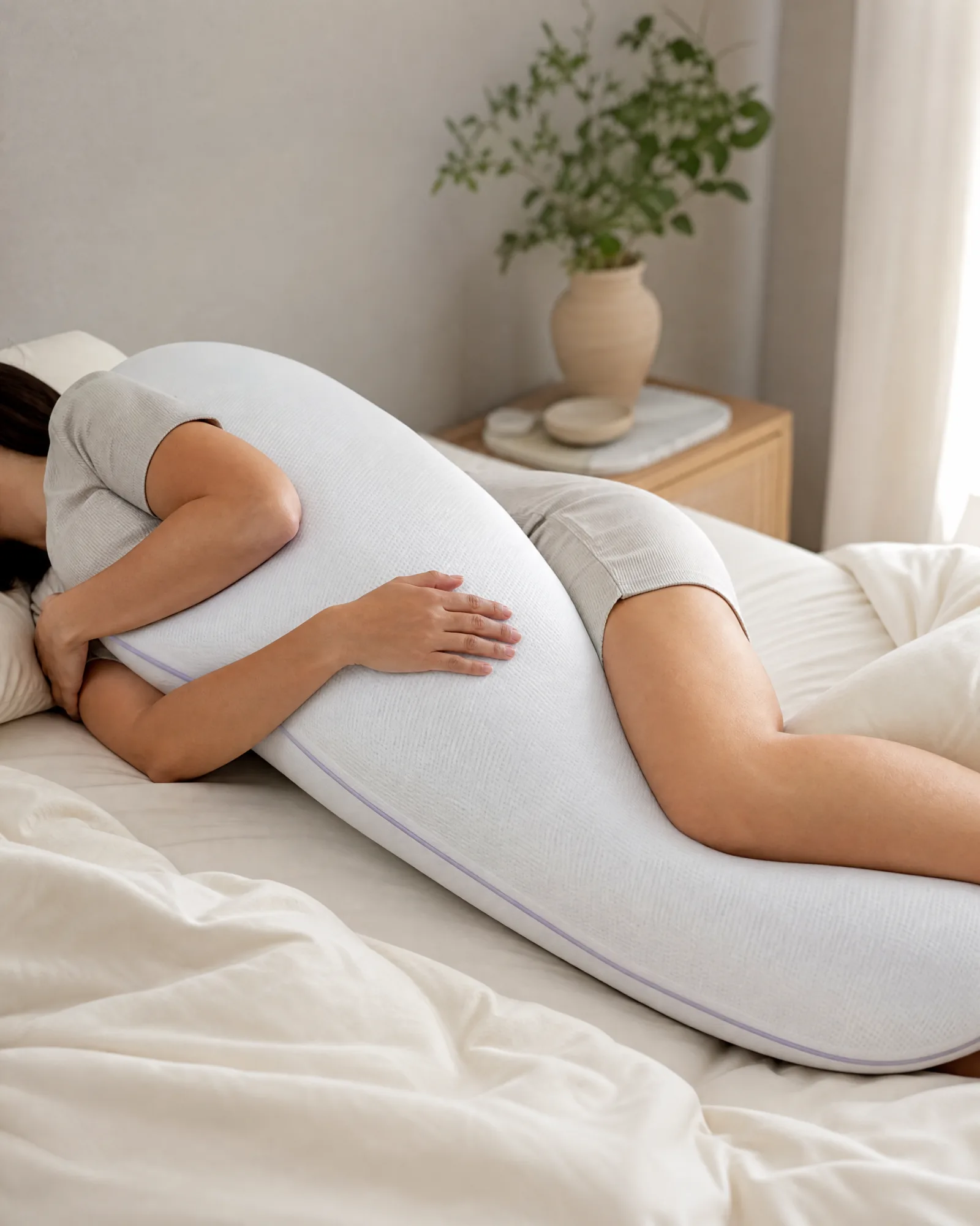 side sleeper hugging a long lumuwala body pillow